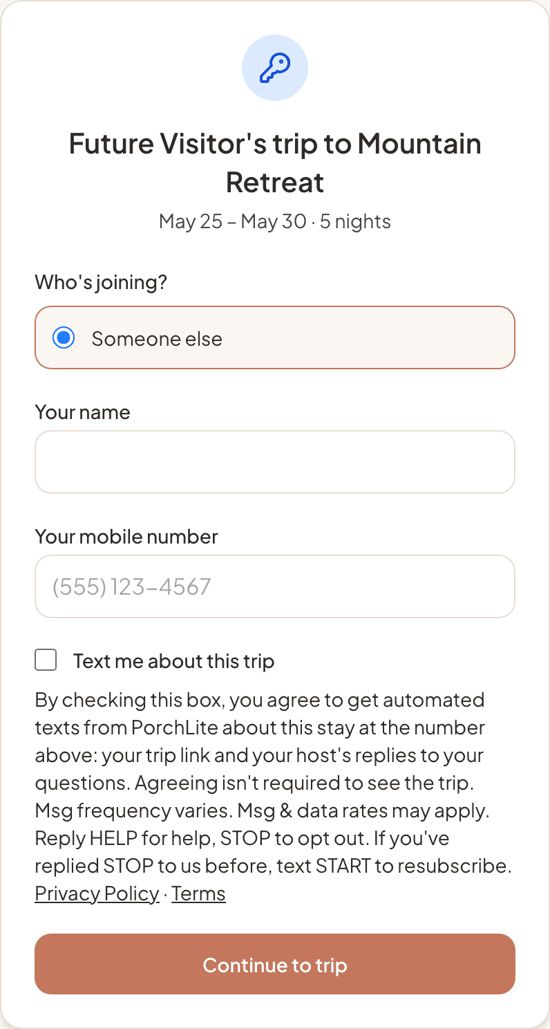 Screenshot of the trip sign-in screen: name and mobile number fields, an unchecked box labeled "Text me about this trip", the text message disclosure, and Privacy Policy and Terms links.