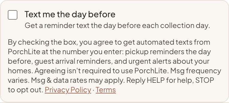 Screenshot of the reminder opt-in before signing up: an unchecked box labeled "Text me the day before", the text message disclosure, and Privacy Policy and Terms links.